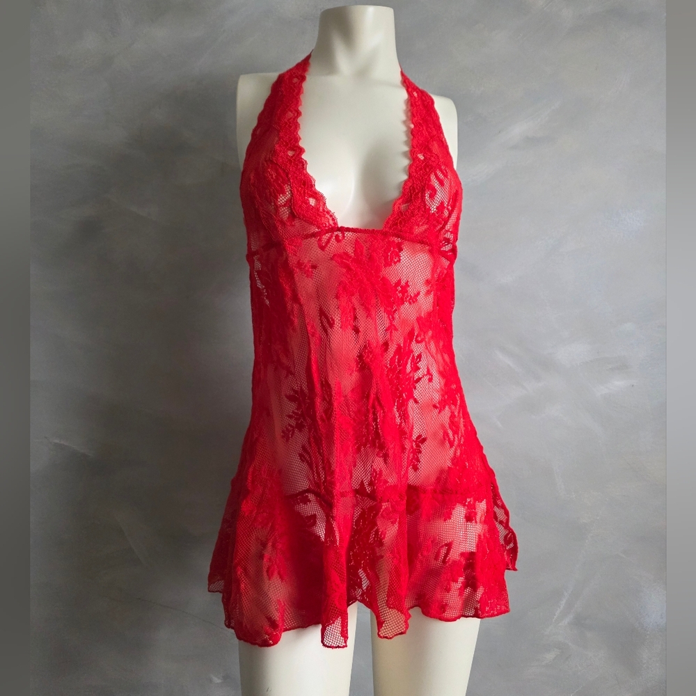 2012 Victoria's Secret Red Full Lace Halter Top Super Mini Dress  Sz XL Split